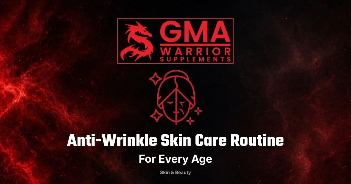 Anti-wrinkle skin care routine products and serums arranged by age group
