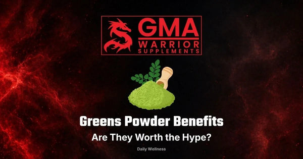 Greens powder benefits explained — green superfood powder and fresh vegetables side by side